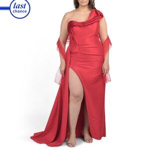 TERANI Red One Shoulder Cascading Ruffle Gown